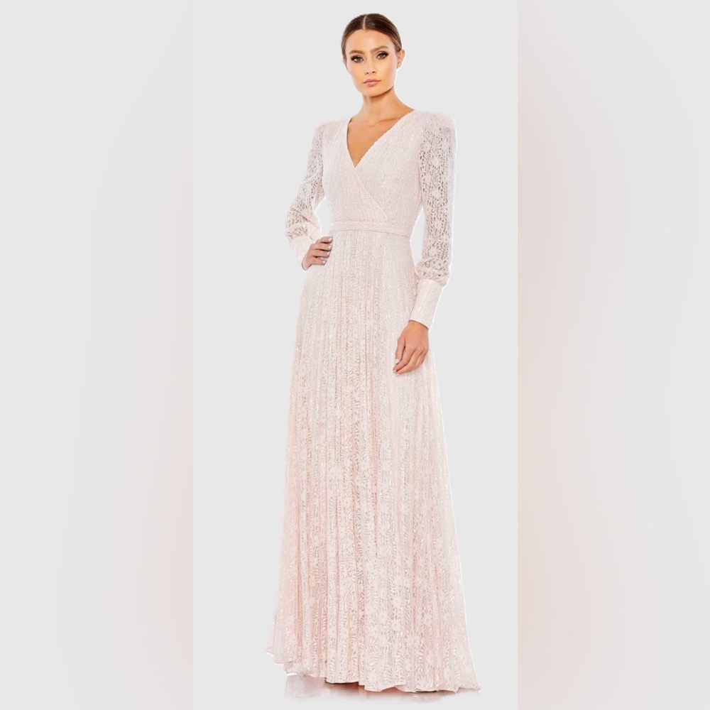 NWT Mac Duggal Light Rose Beaded Lace Long Sleeve Wrap Over Gown